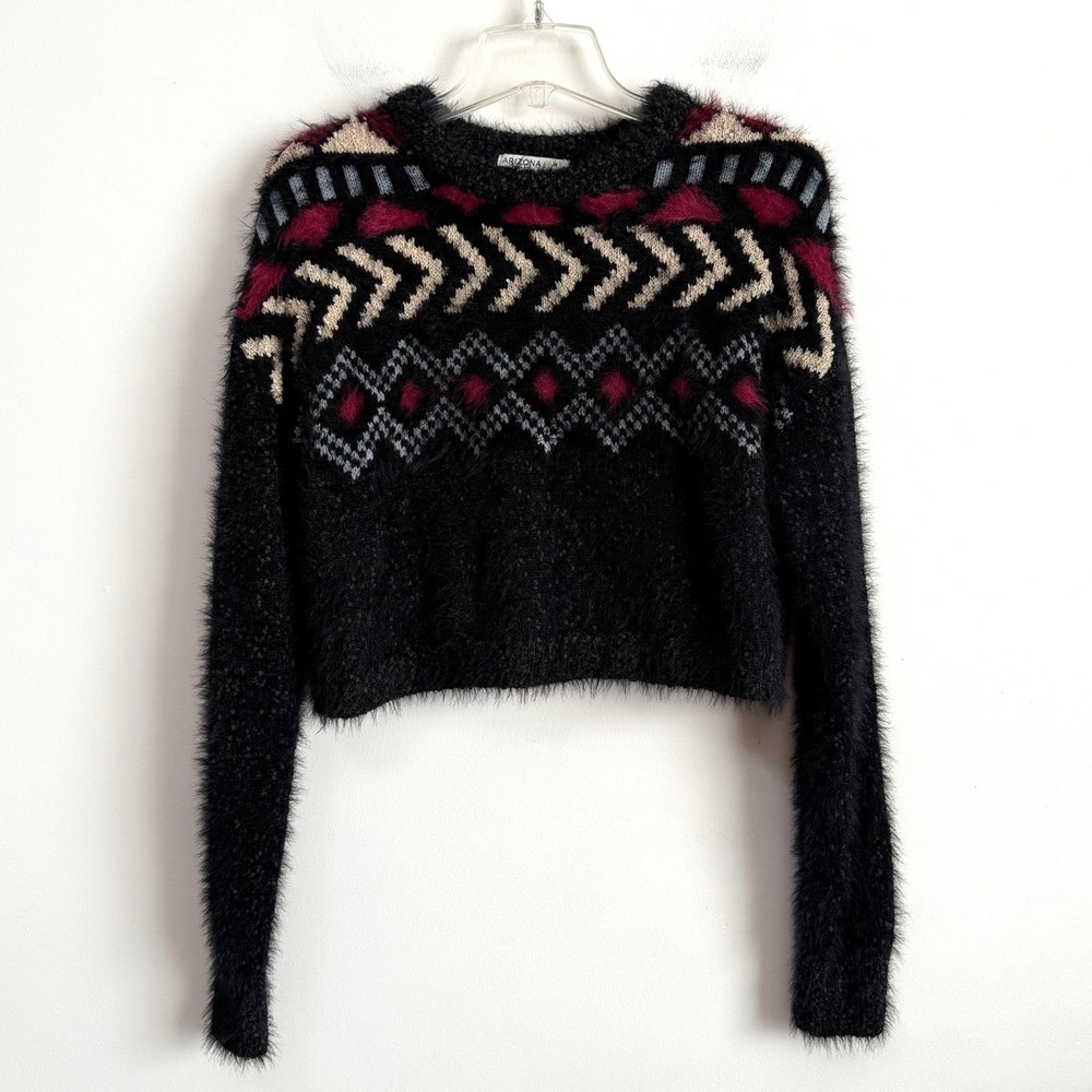 Arizona Jean Co Sweater M Fuzzy Cropped Aztec Fair Isle Nordic Woodland Camp NEW
